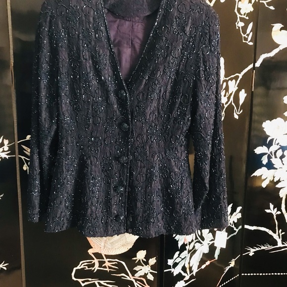Adrianna Papell Jackets & Blazers - 🐋Dark navy blue laced beaded jacket. Button beaded with snap front closure.